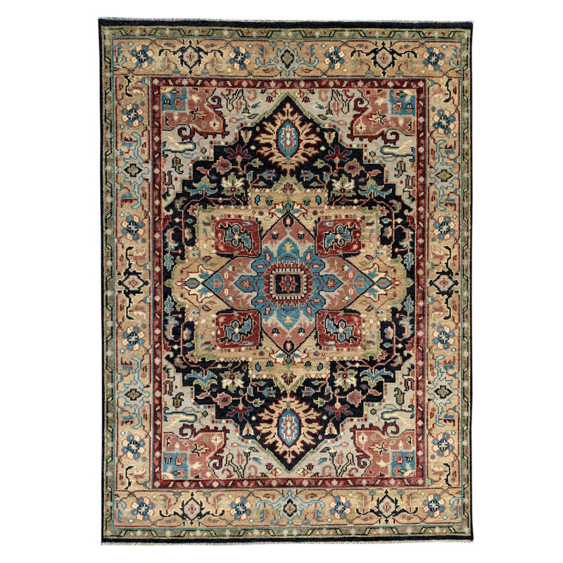 Traditional Gold & Navy 9' x 12' Hand-Knotted Wool Rug