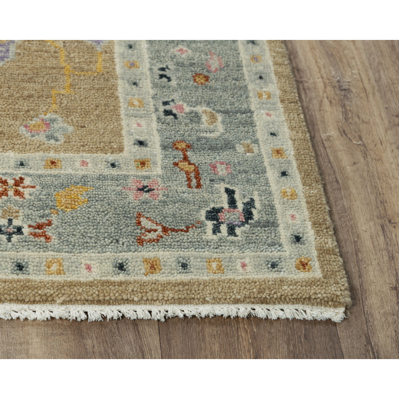 Gray Floral Hand-Knotted Wool Rectangular Rug