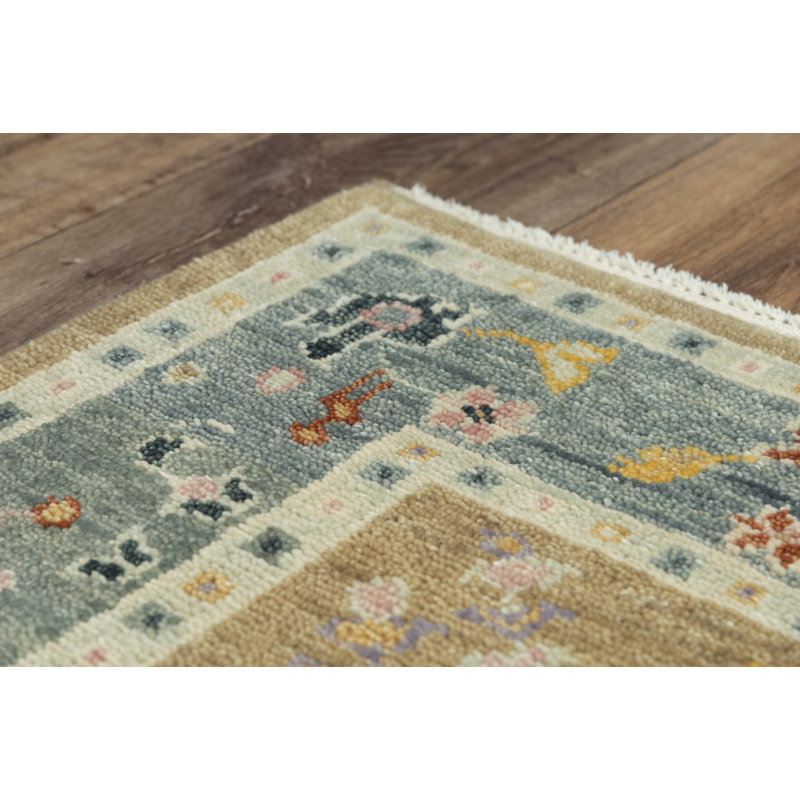 Gray Floral Hand-Knotted Wool Rectangular Rug