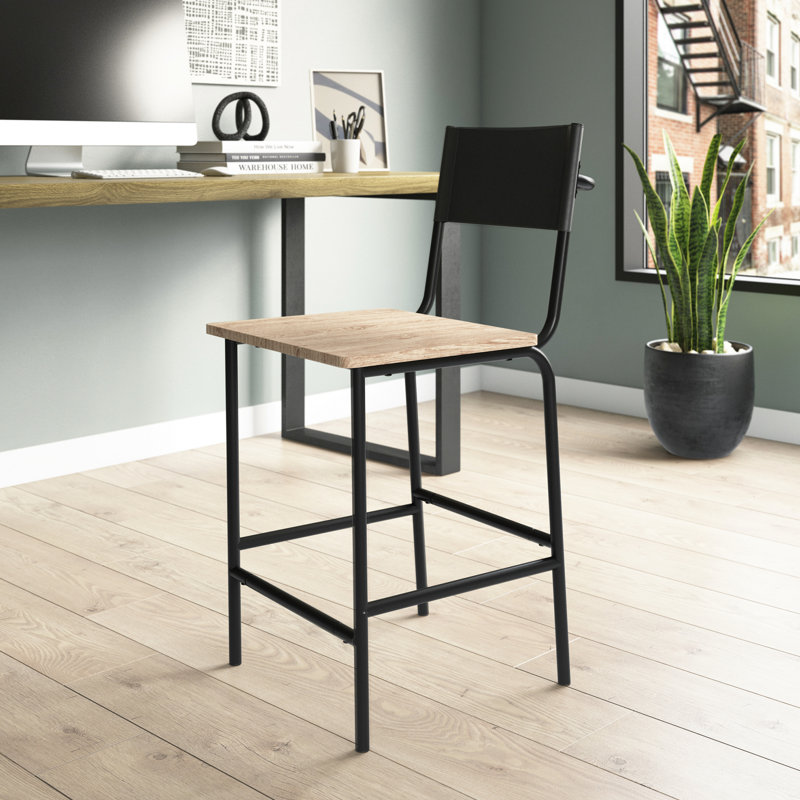 Black Faux Leather and Wood Counter Stool with Metal Frame