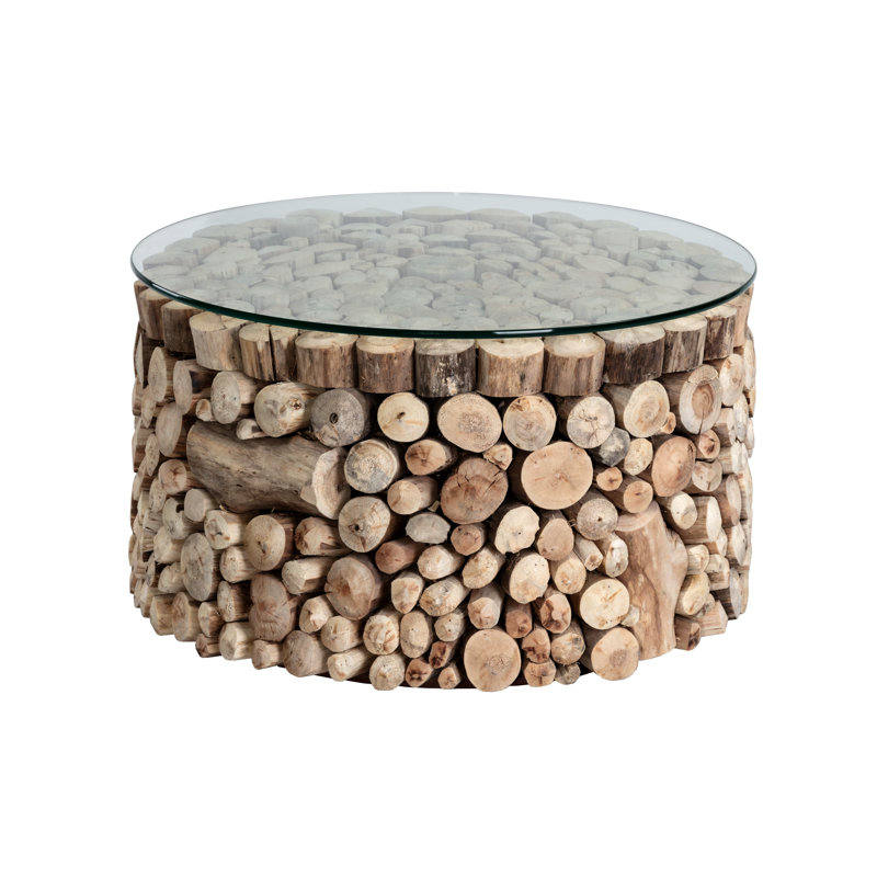 Bickford Transitional Round Wood & Glass Side Table in Brown
