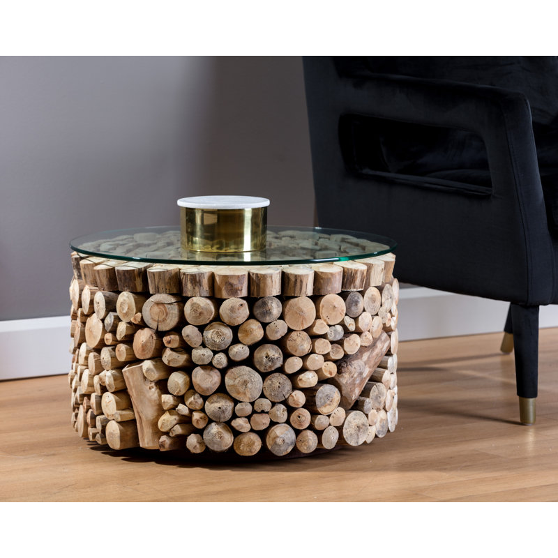 Bickford Transitional Round Wood & Glass Side Table in Brown