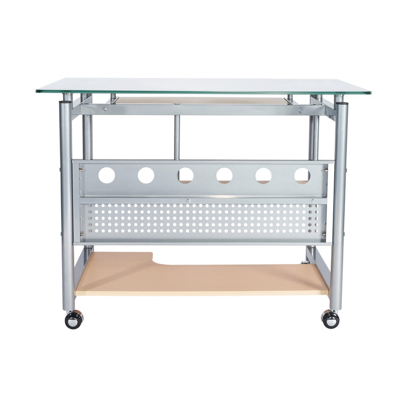 Frosted Glass and Silver Steel Rolling Computer Desk with Keyboard Tray