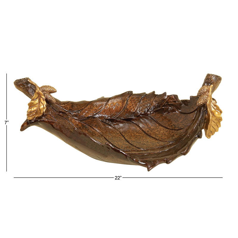 Amber Leaf Intricate Carved 22" Polystone Decorative Bowl with Stand