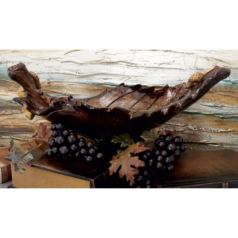 Amber Leaf Intricate Carved 22" Polystone Decorative Bowl with Stand