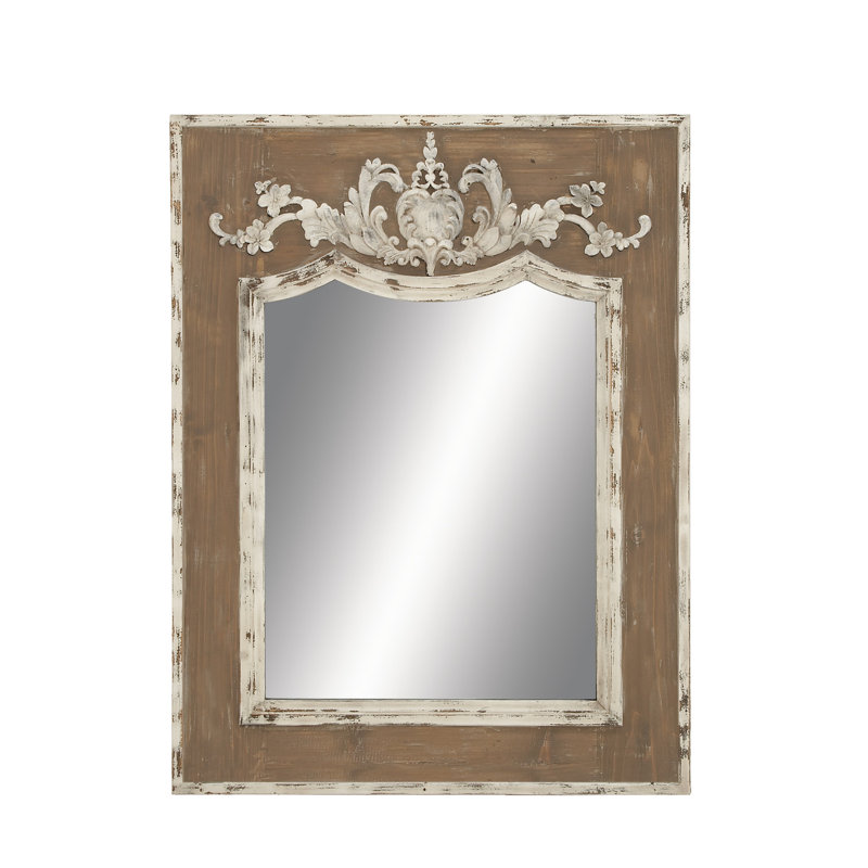 Scalloped 33" x 43" Brown and Cream Rustic Wooden Wall Mirror