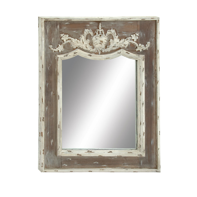 Scalloped 33" x 43" Brown and Cream Rustic Wooden Wall Mirror