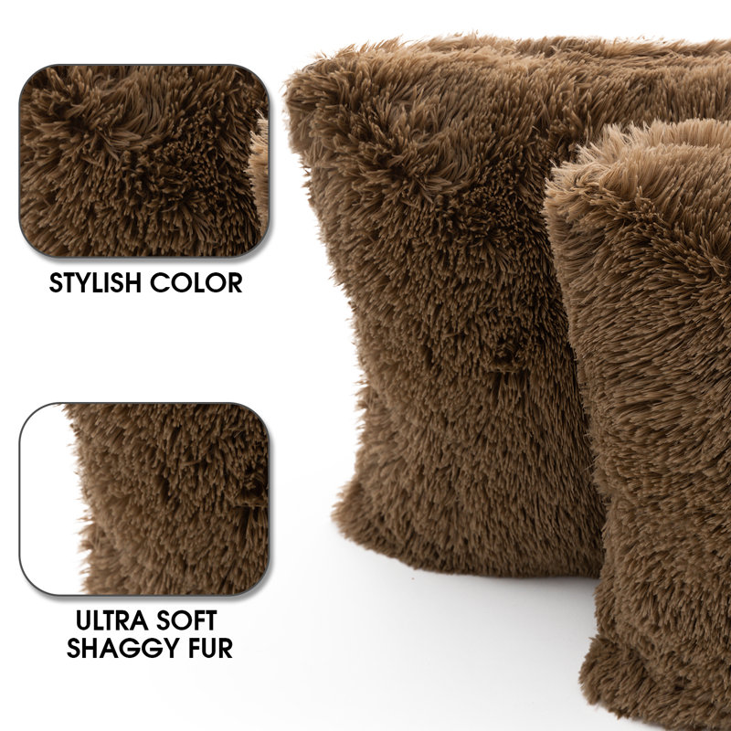 Taupe Faux Fur Shaggy Throw Pillows Set of 2