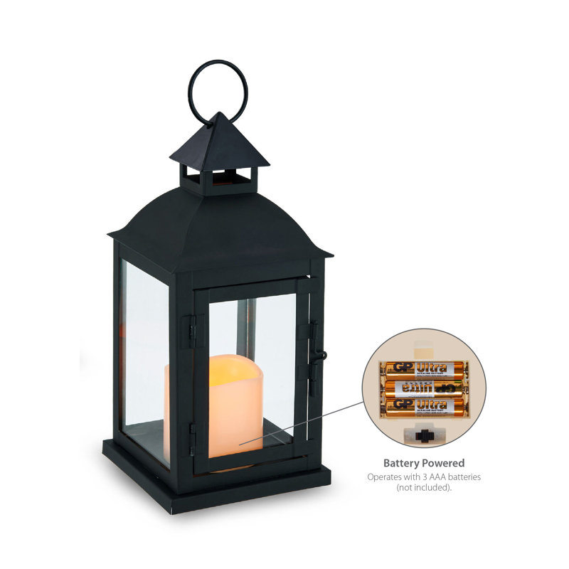 Black Metal Lanterns with LED Pillar Candles, Set of 2, 12-Inch