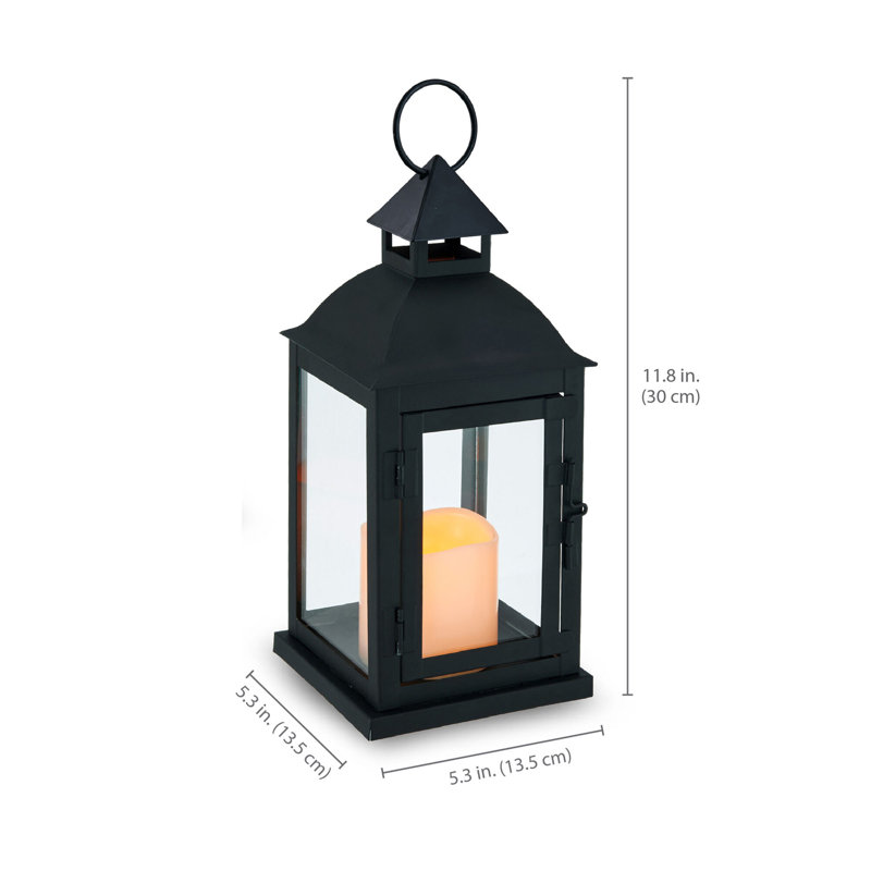 Black Metal Lanterns with LED Pillar Candles, Set of 2, 12-Inch