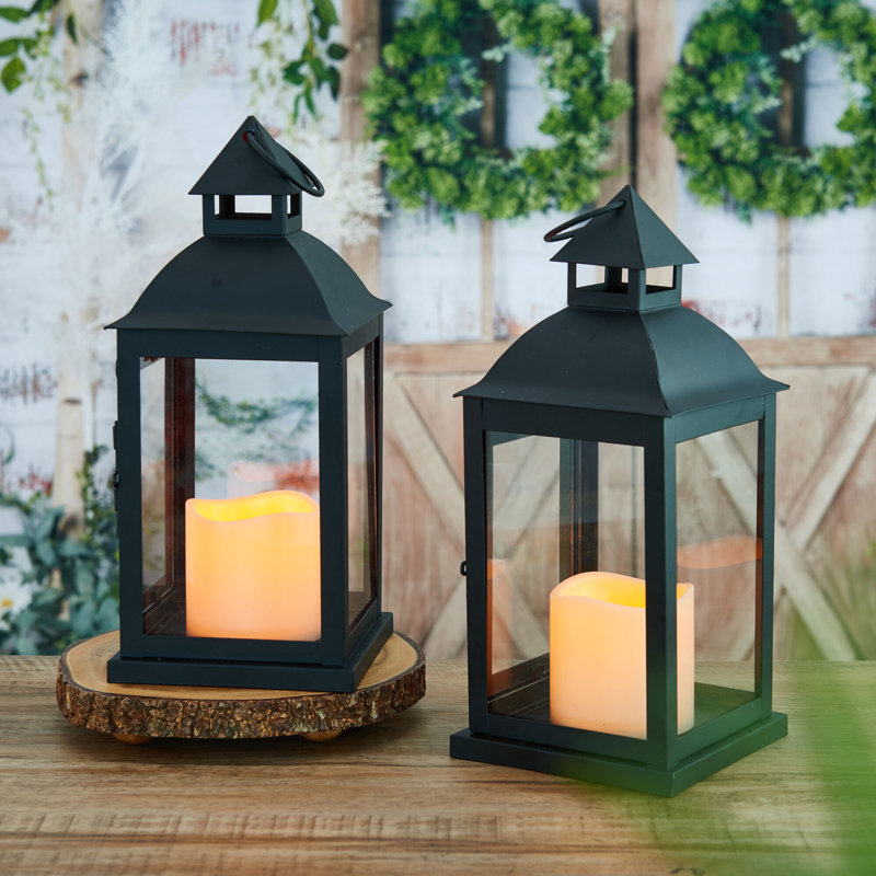 Black Metal Lanterns with LED Pillar Candles, Set of 2, 12-Inch