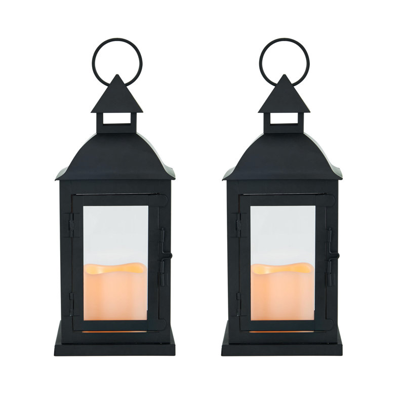 Black Metal Lanterns with LED Pillar Candles, Set of 2, 12-Inch