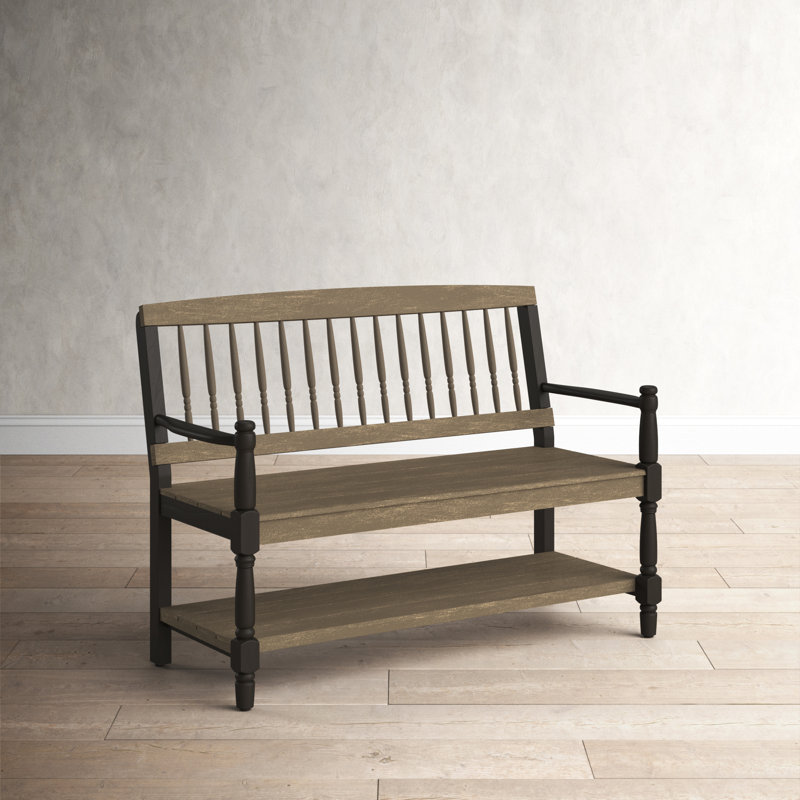 Gray and Black Acacia Wood Farmhouse Bench with Shelf