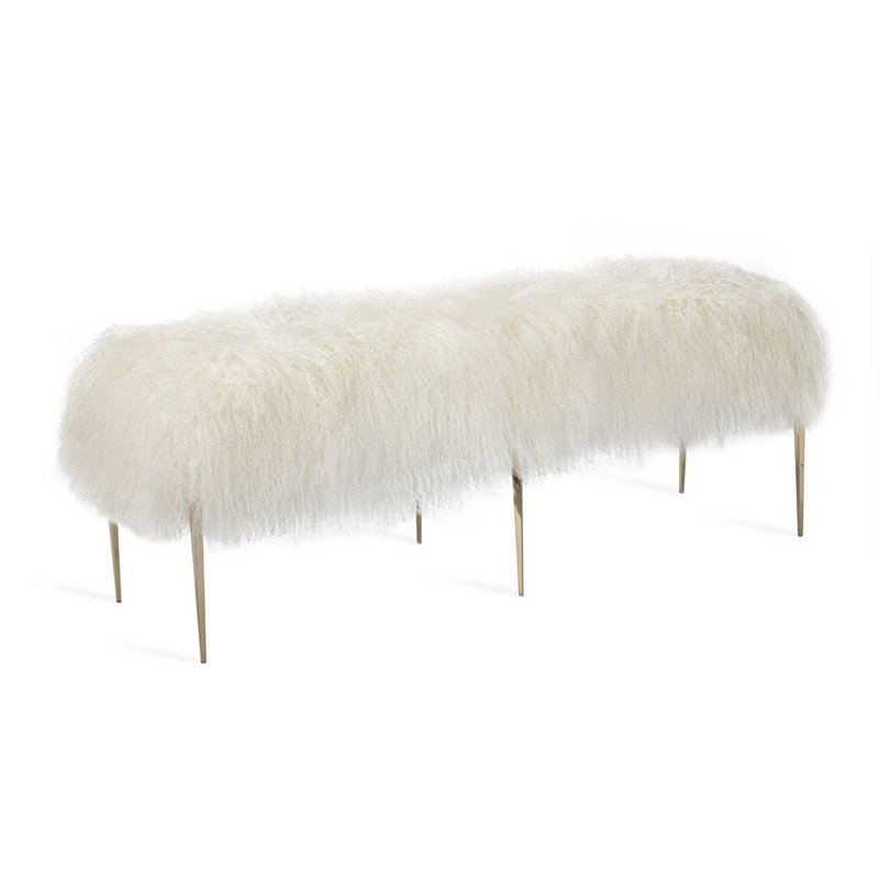 Stiletto Ivory Sheepskin Upholstered Bench with Stainless Steel Frame