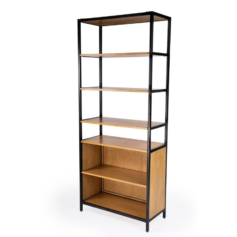 Hans Adjustable Black Wood and Iron Etagere Bookcase with Doors