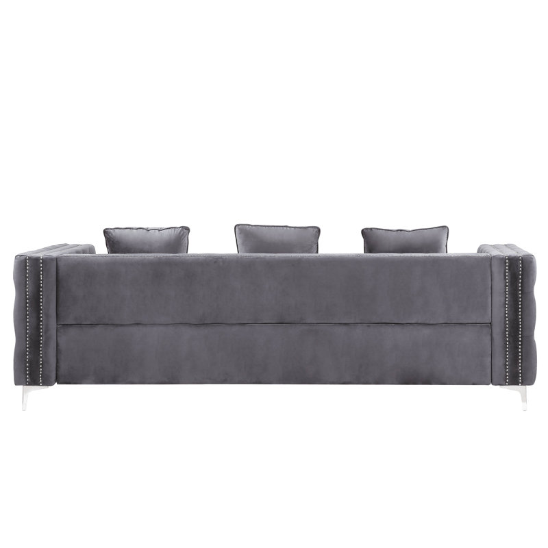 Elegant Gray Velvet Tufted Sofa with Ottoman and Nailhead Trim