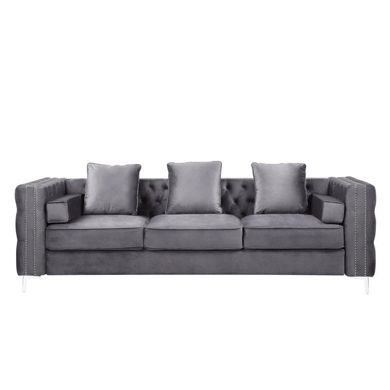 Elegant Gray Velvet Tufted Sofa with Ottoman and Nailhead Trim