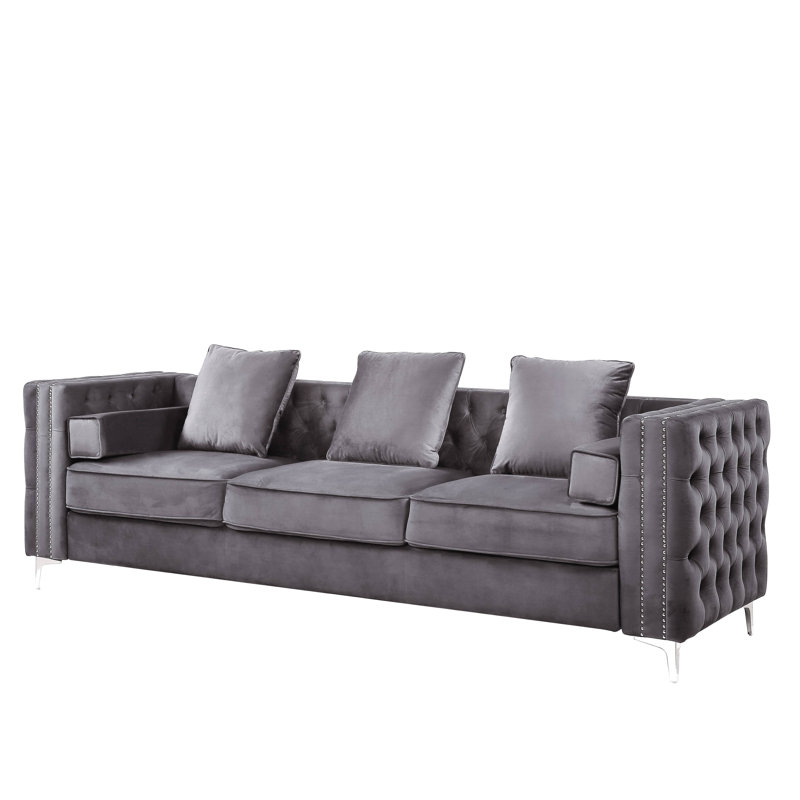 Elegant Gray Velvet Tufted Sofa with Ottoman and Nailhead Trim