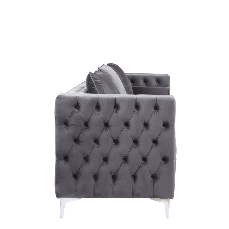 Elegant Gray Velvet Tufted Sofa with Ottoman and Nailhead Trim