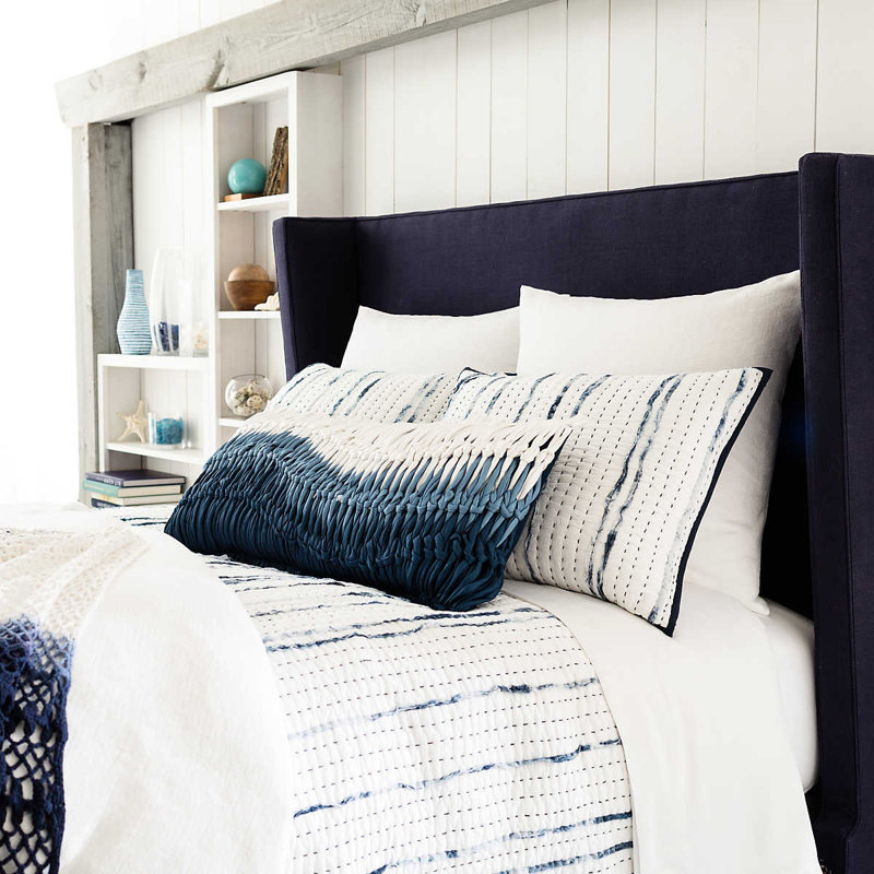 Standard White and Indigo Cotton Kantha Stitched Sham