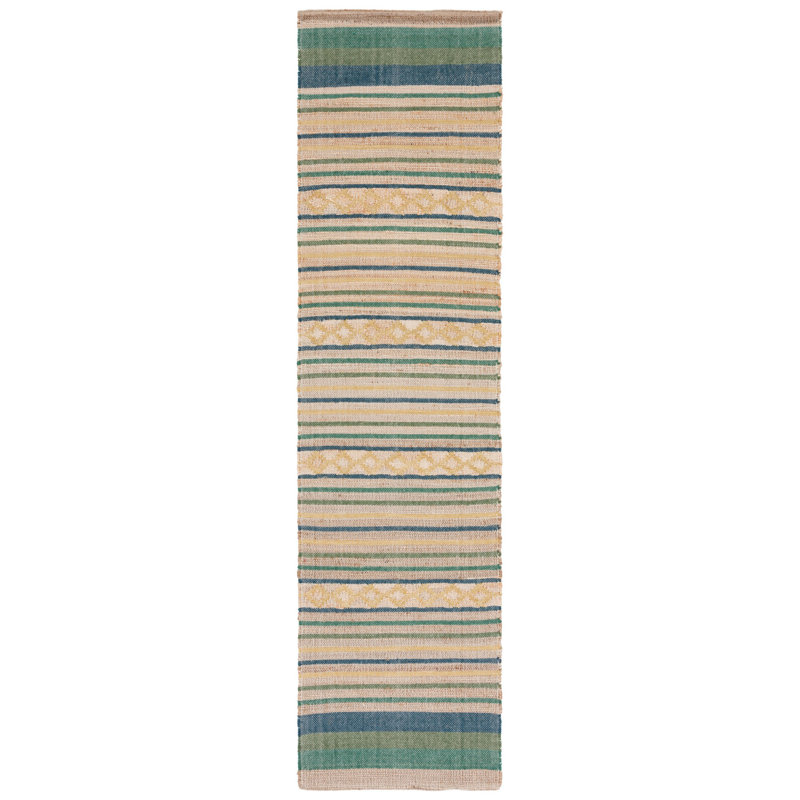 Handwoven Natural and Green Wool Cotton Kilim Rug - 2' 3" x 9'