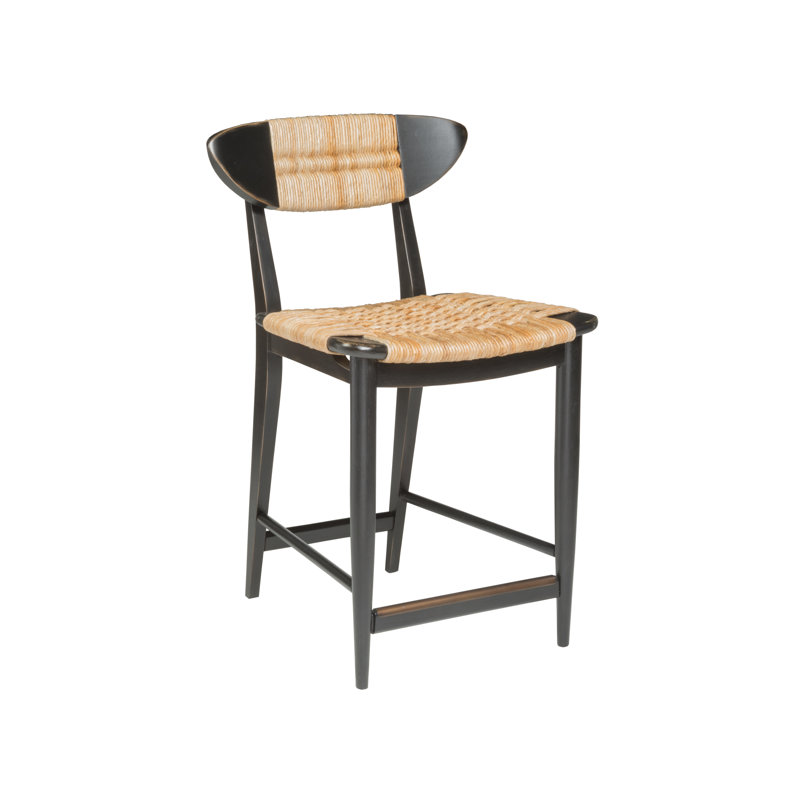 Mahogany and Abaca 24" Coastal Black Counter Stool with Brass Kickplate