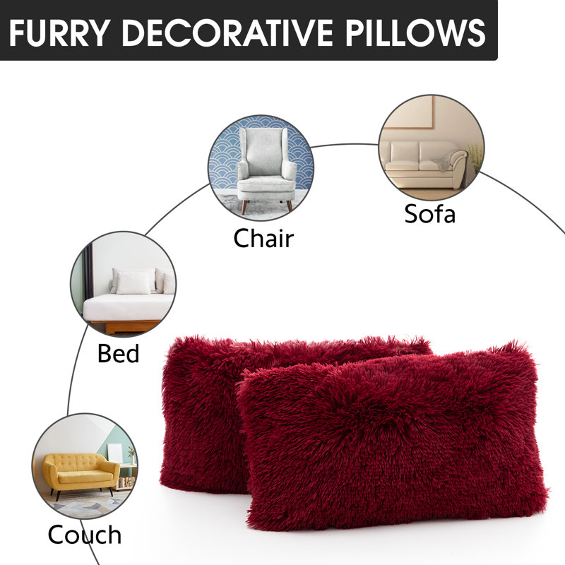 Maroon Faux Fur Shaggy Lumbar Throw Pillows Set of 2