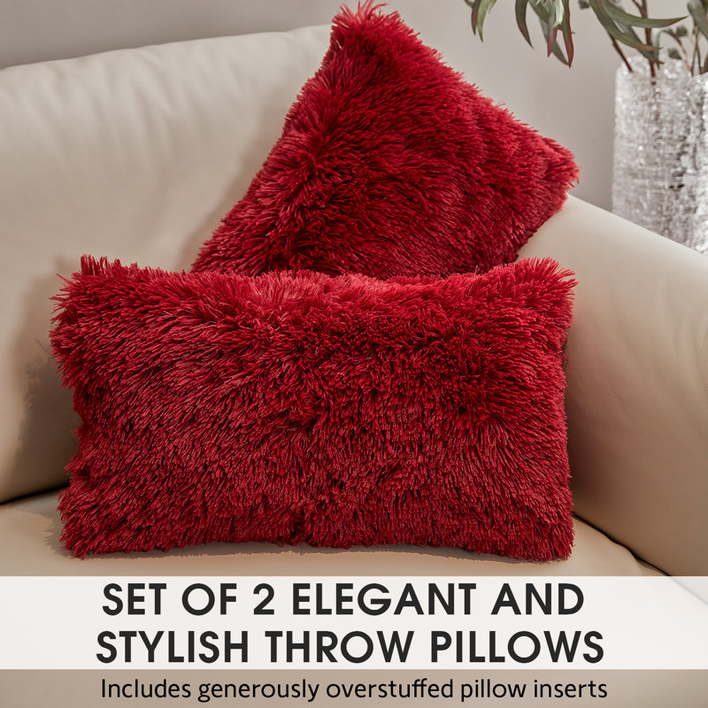 Maroon Faux Fur Shaggy Lumbar Throw Pillows Set of 2
