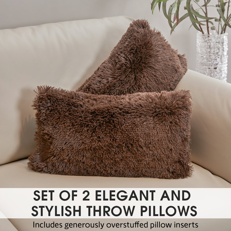 Chocolate Faux Fur Shaggy Lumbar Throw Pillows Set of 2