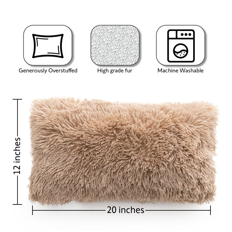 Taupe Shaggy Faux Fur Lumbar Throw Pillows Set of 2