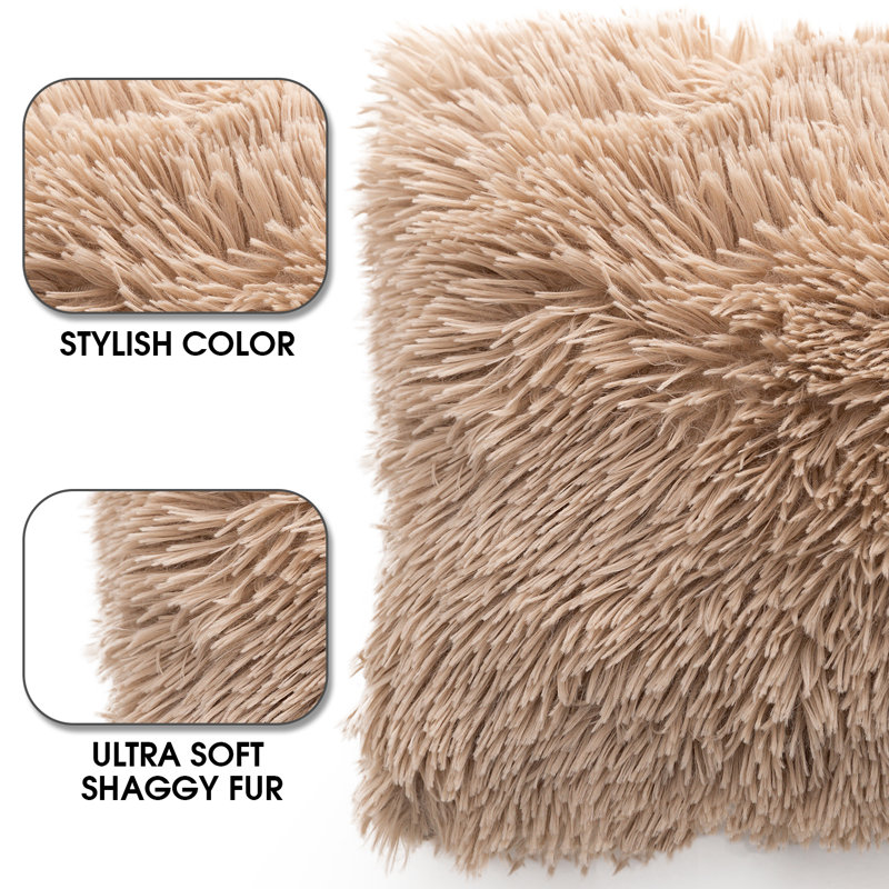 Taupe Shaggy Faux Fur Lumbar Throw Pillows Set of 2
