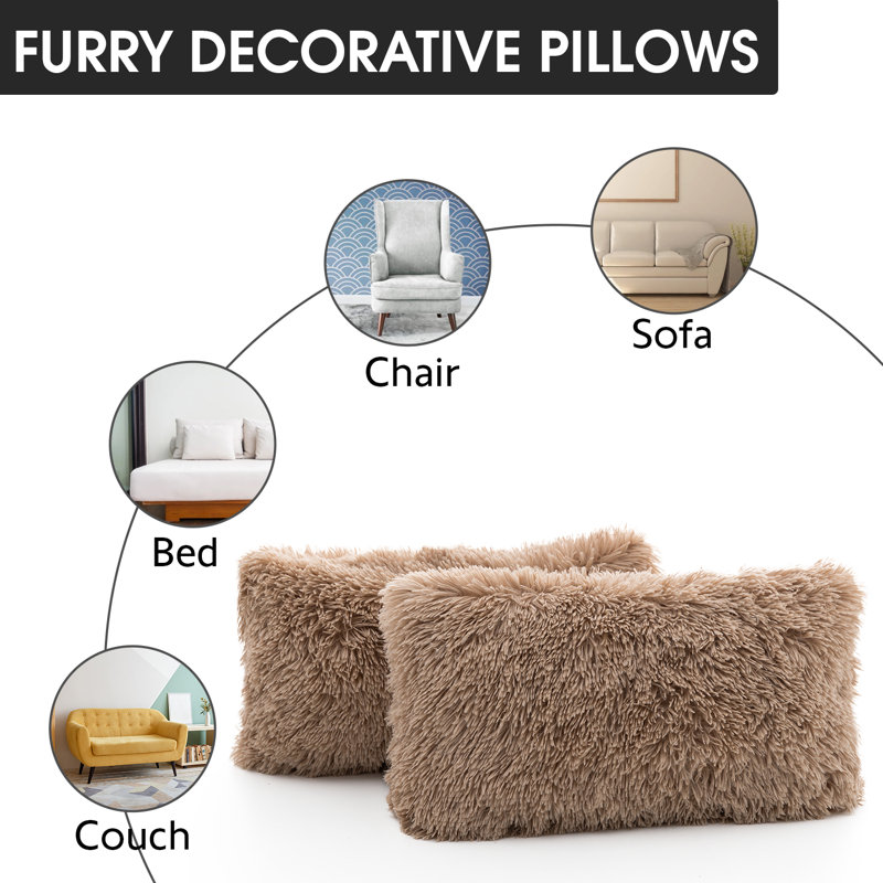 Taupe Shaggy Faux Fur Lumbar Throw Pillows Set of 2