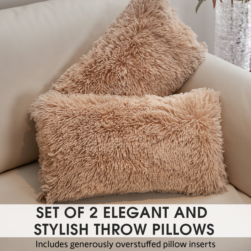Taupe Shaggy Faux Fur Lumbar Throw Pillows Set of 2