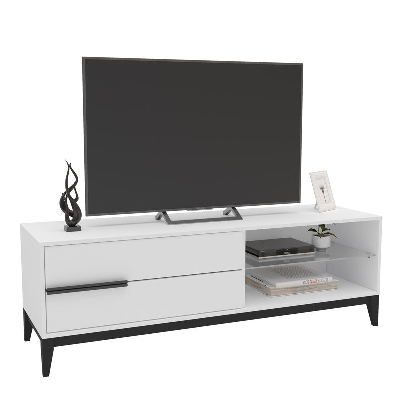 White Engineered Wood TV Stand with Cabinet and Drawers