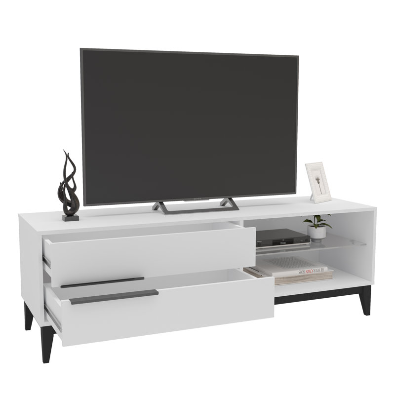 White Engineered Wood TV Stand with Cabinet and Drawers