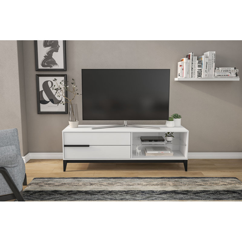 White Engineered Wood TV Stand with Cabinet and Drawers