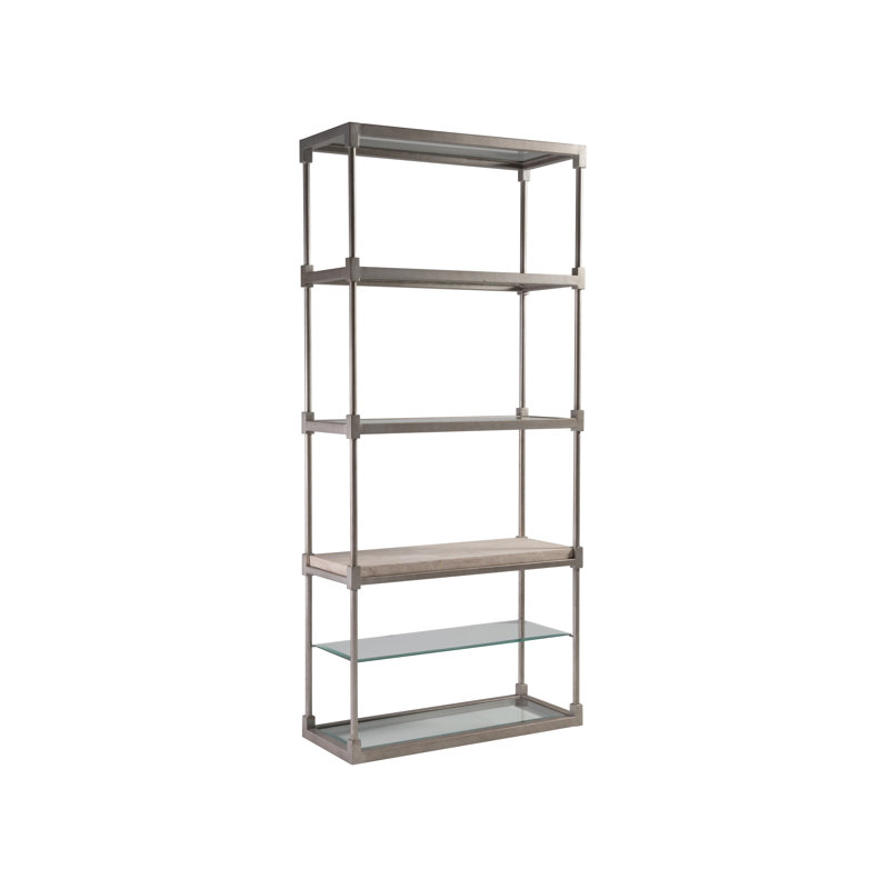 Antiqued Silver Leaf Iron and Sand Travertine Etagere with Glass Shelves