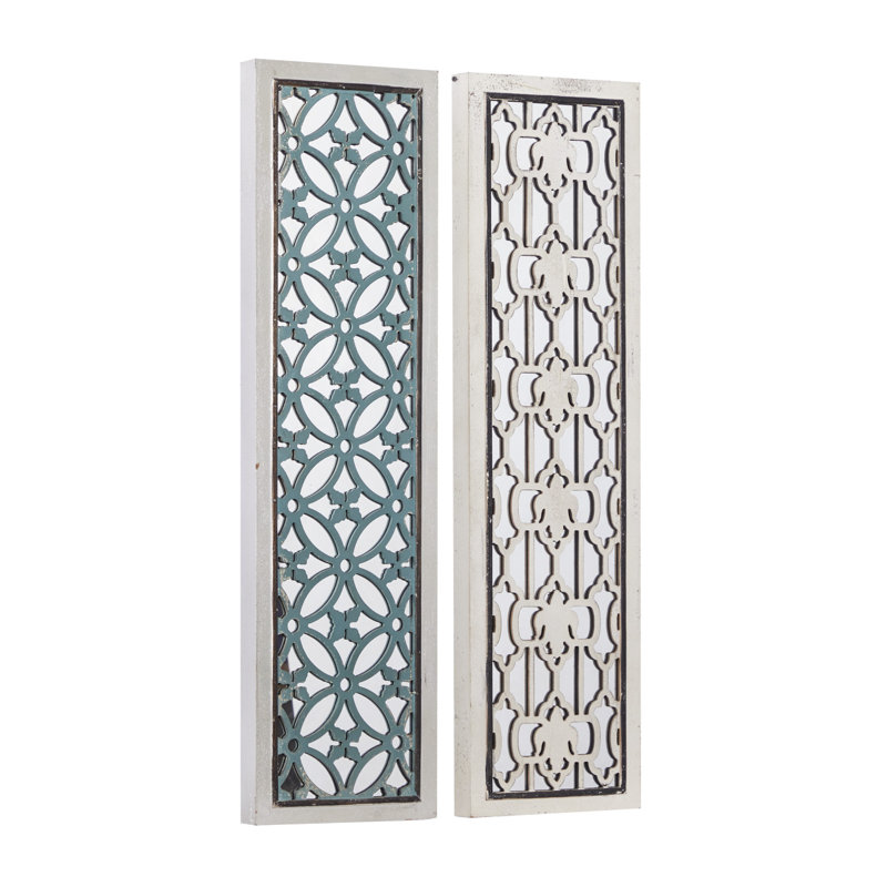 White and Blue Geometric Carved MDF Full Length Mirror Set