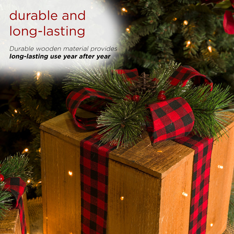 Rustic Wooden Christmas Gift Box Set with LED Lights