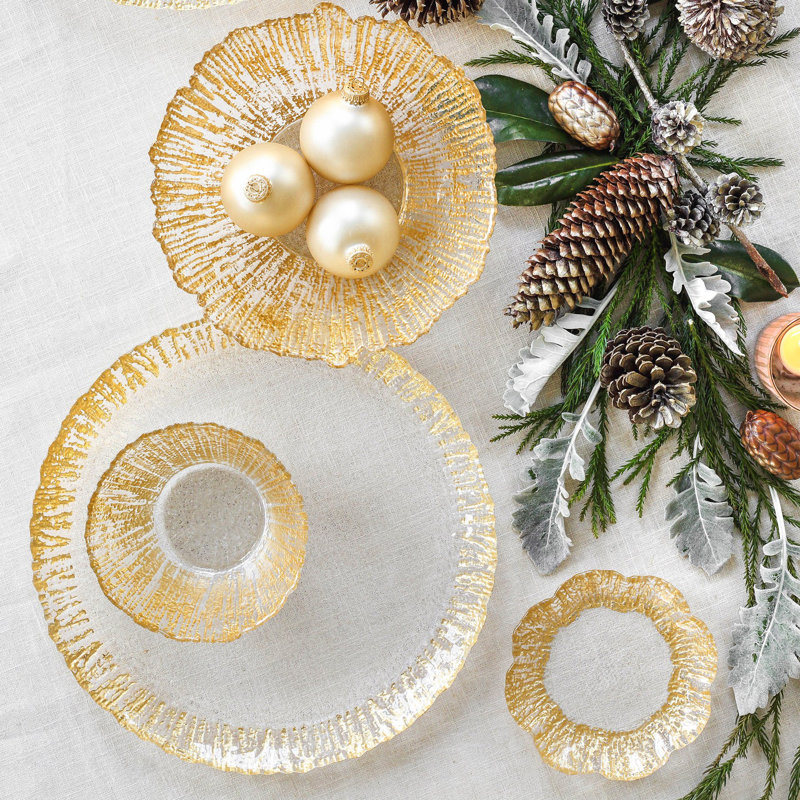 Gold Textured Glass Round Serving Platter with Embellished Border