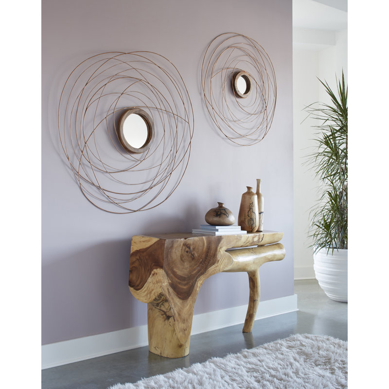 Transitional 38" Round Chamcha Wood Wall Mirror with Copper Accents