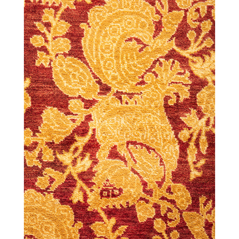 Hand-Knotted Red Wool Abstract Rectangular Area Rug