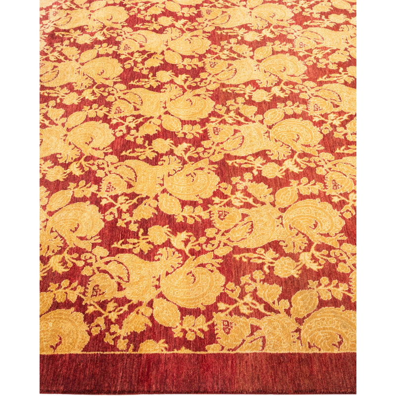 Hand-Knotted Red Wool Abstract Rectangular Area Rug
