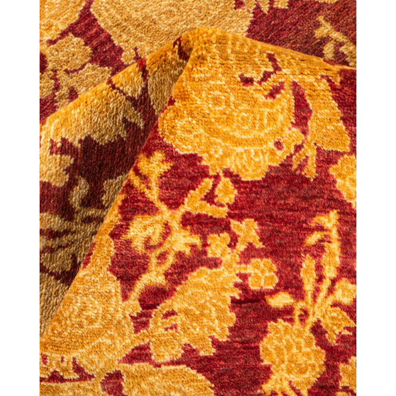 Hand-Knotted Red Wool Abstract Rectangular Area Rug