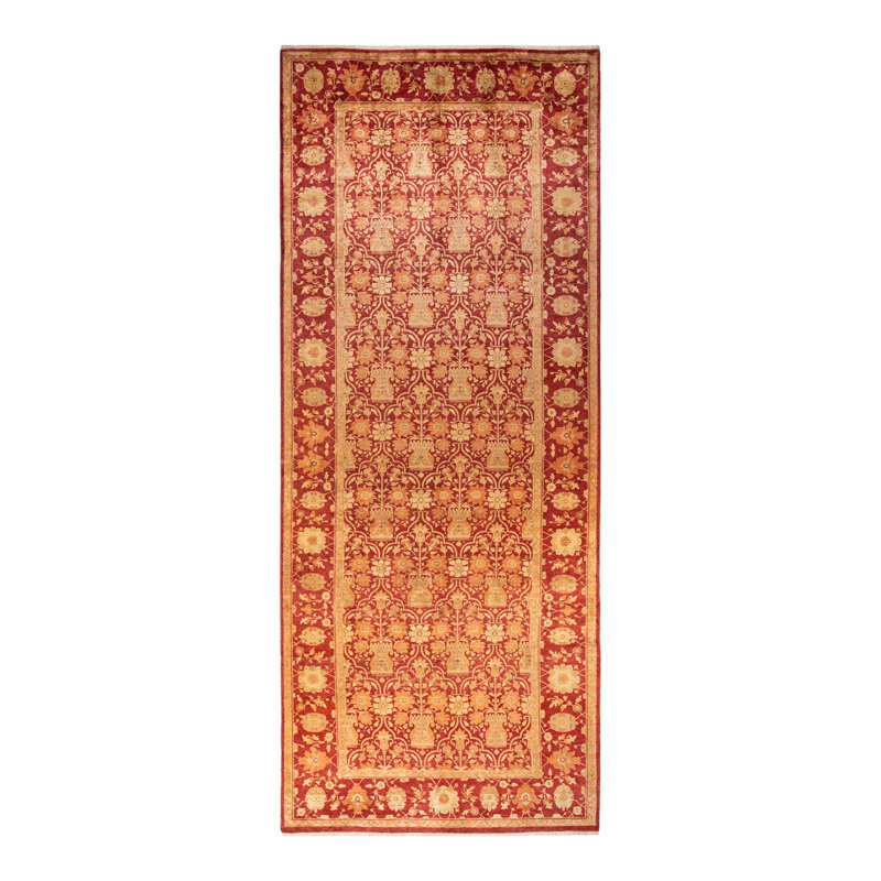 Hand-Knotted Red and Beige Wool Oriental Runner Rug