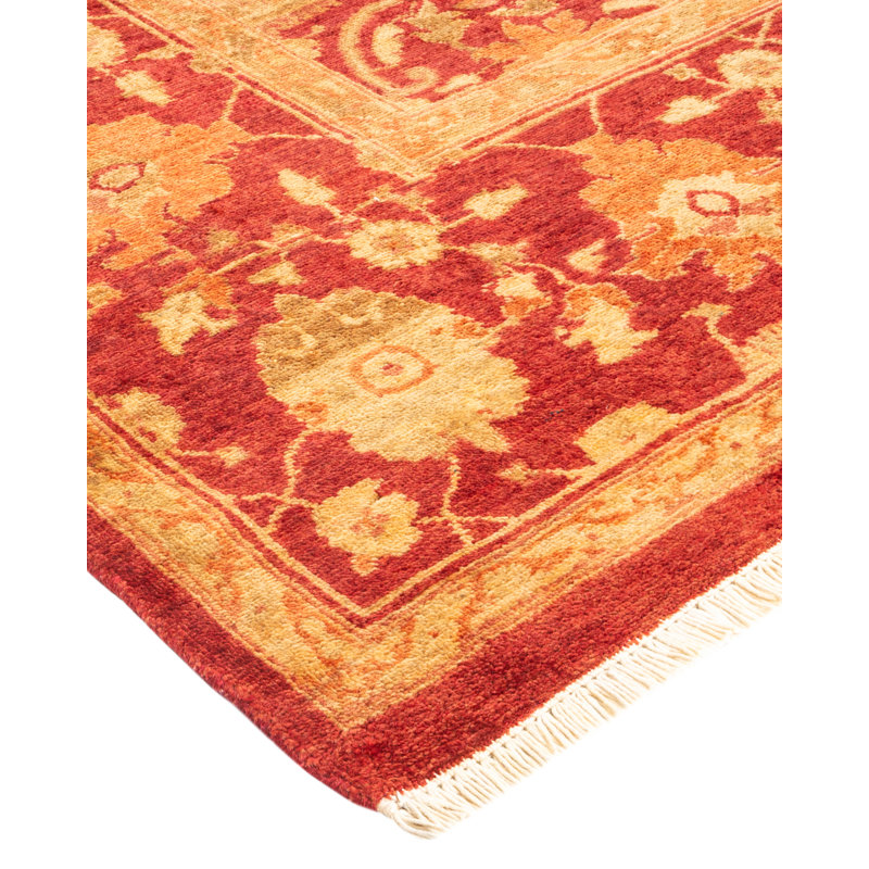 Hand-Knotted Red and Beige Wool Oriental Runner Rug