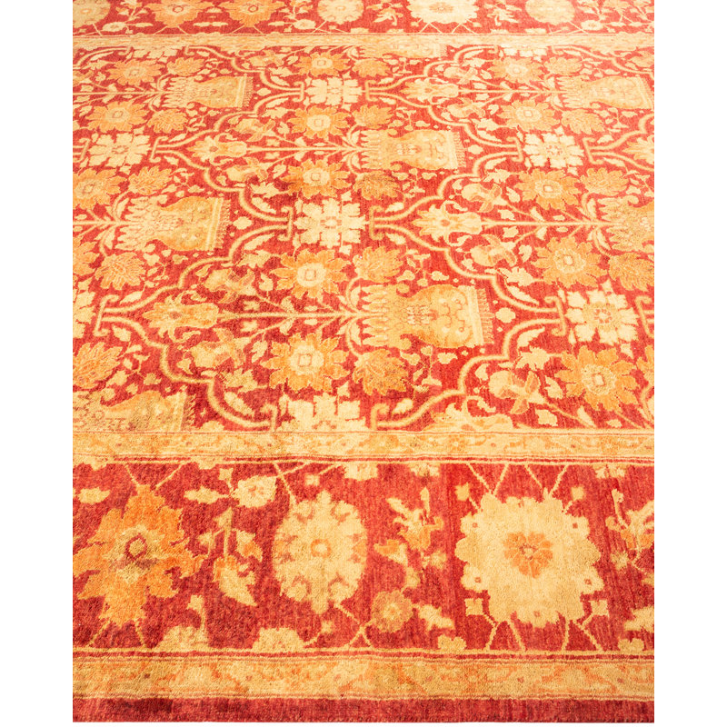 Hand-Knotted Red and Beige Wool Oriental Runner Rug