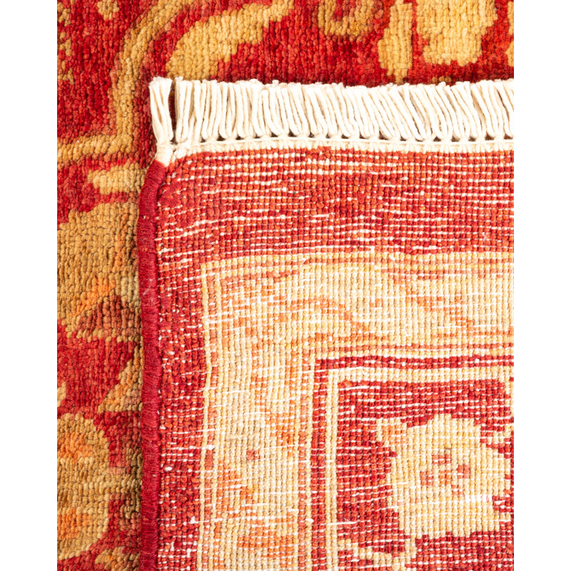 Hand-Knotted Red and Beige Wool Oriental Runner Rug