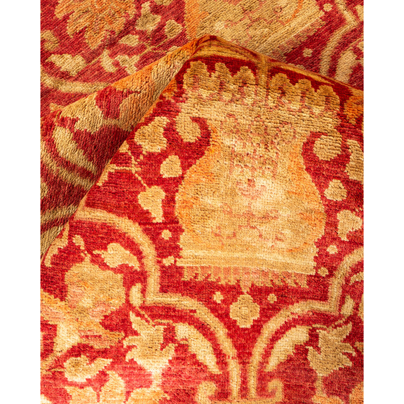 Hand-Knotted Red and Beige Wool Oriental Runner Rug