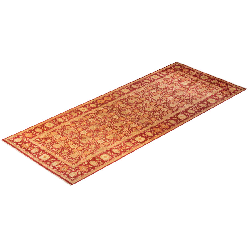 Hand-Knotted Red and Beige Wool Oriental Runner Rug
